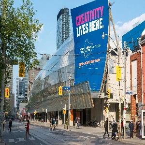 Exterior view of the Art Gallery of Ontario, showcasing various artworks and exhibitions