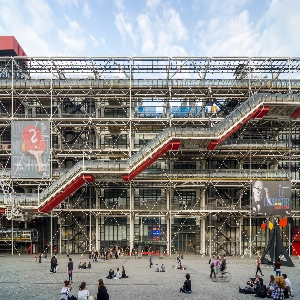 A vibrant view of Centre Georges Pompidou, a modern art museum and cultural center in Paris, showcasing its unique architectural design