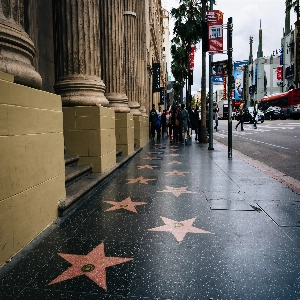 Group of tourists admiring the stars on the Hollywood Walk of Fame