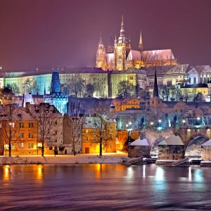 Beautiful view of Prague city skyline at sunset
