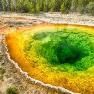 Grand Prismatic Spring in Yellowstone National Park Aerial view of the Grand Prismatic Spring with vibrant colors in Yellowstone National Park