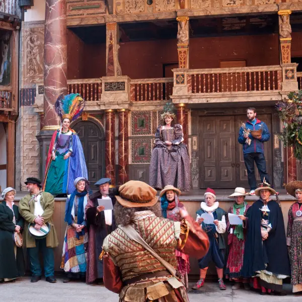 A historical image of the Globe Theatre, the famous circular playhouse where Shakespeare's plays were performed in London